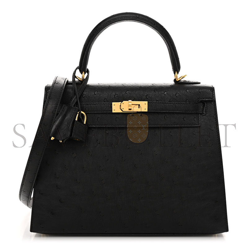 HERMÈS MASTER A BLACK OSTRICH KELLY 25 WITH GOLD HARDWARE (25*17*7cm)